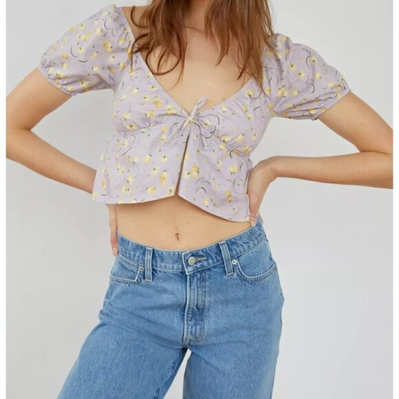 Sunday Best Aritzia Women's Large Lavender Kaia Top Puff-Sleeve Tie-Front $48 - Picture 2 of 9